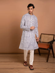 AAHELI SAYAN WHITE HAND BLOCK PRINTED KURTA-PANT SET