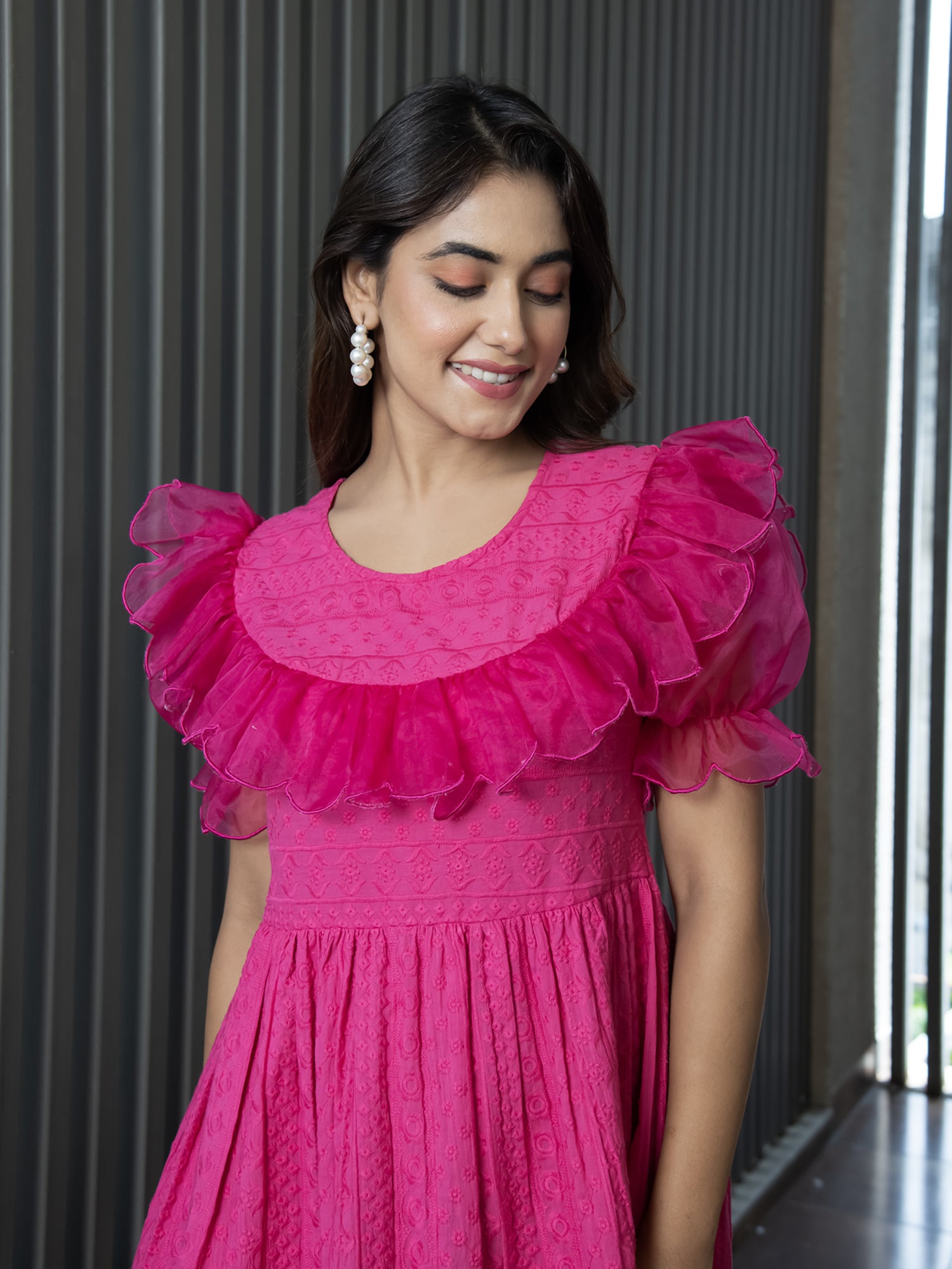STACEY FUCHSIA SCHIFFLI DRESS