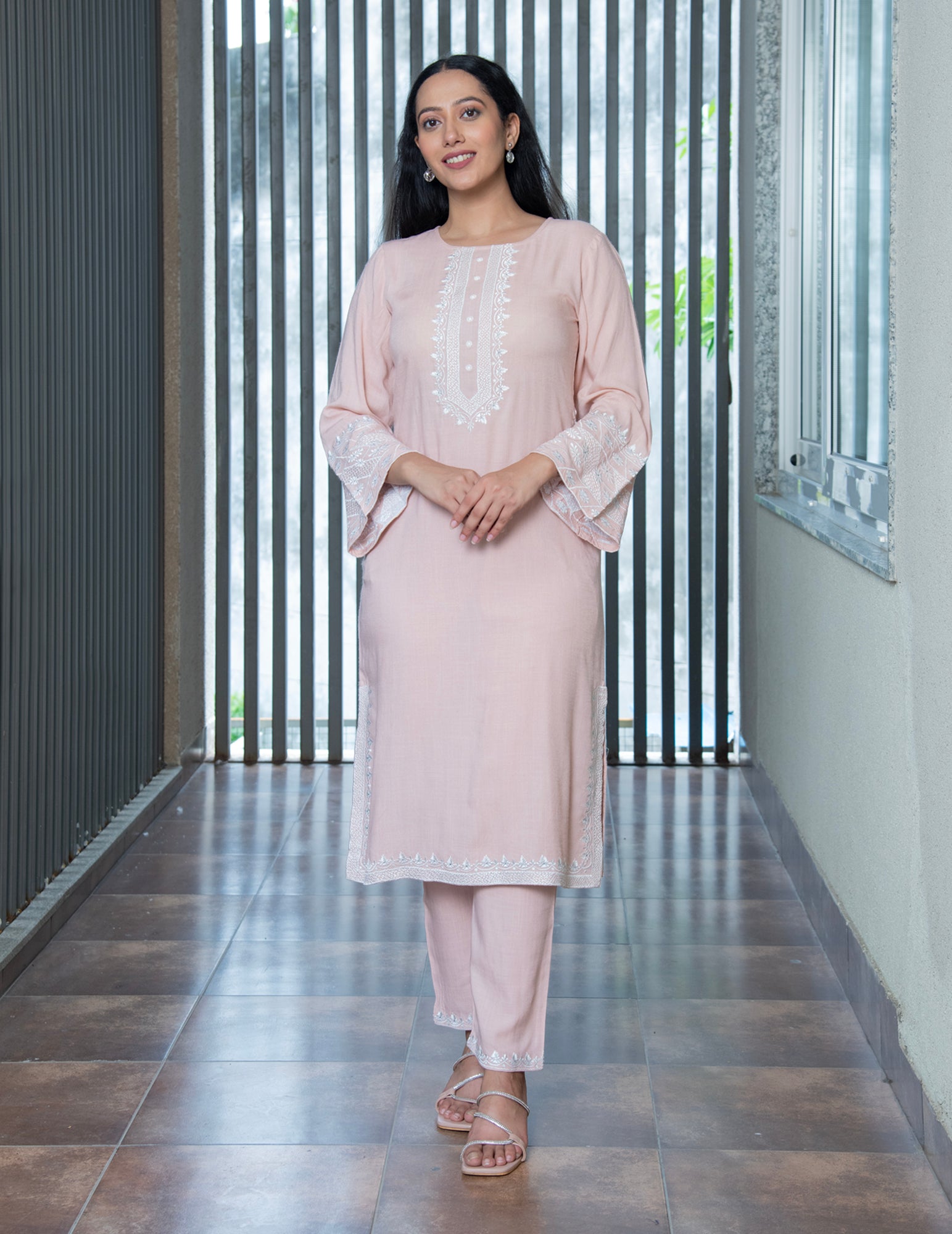 CHARITA PEACH EMBROIDERED KURTA & PANTS SET