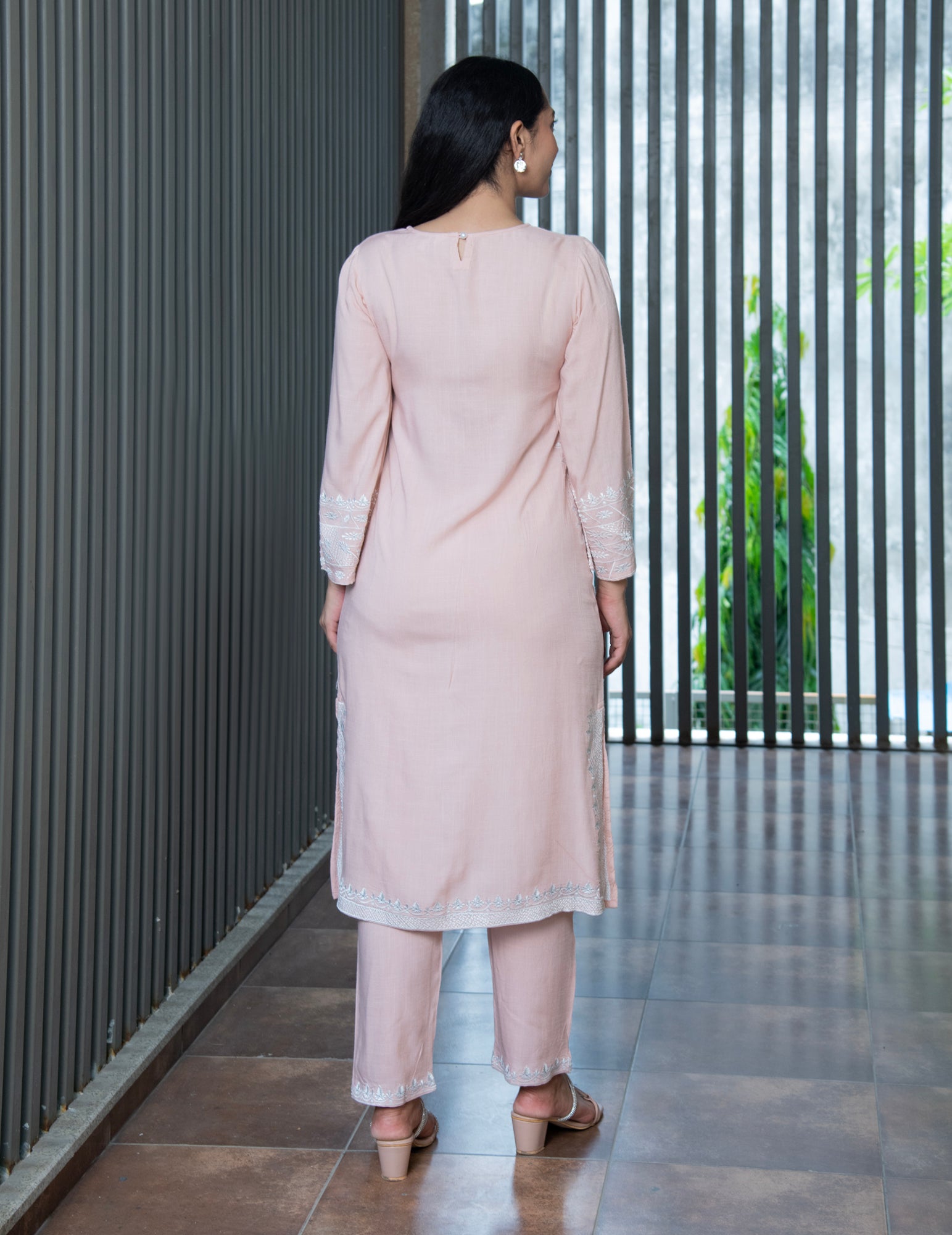 CHARITA PEACH EMBROIDERED KURTA & PANTS SET