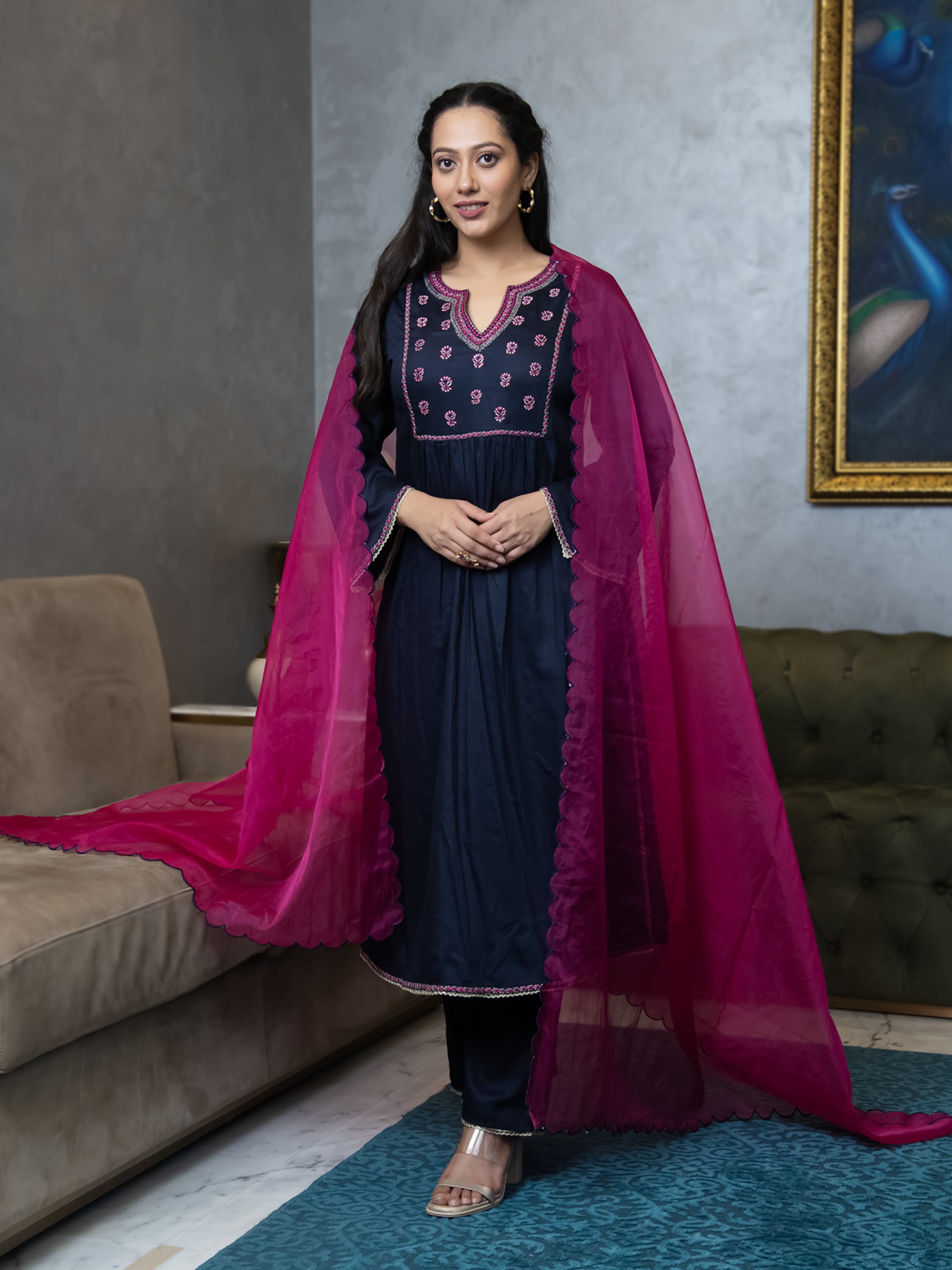 KAINA SOLID-EMBROIDERED KURTA-PANTS & DUPATTA SET