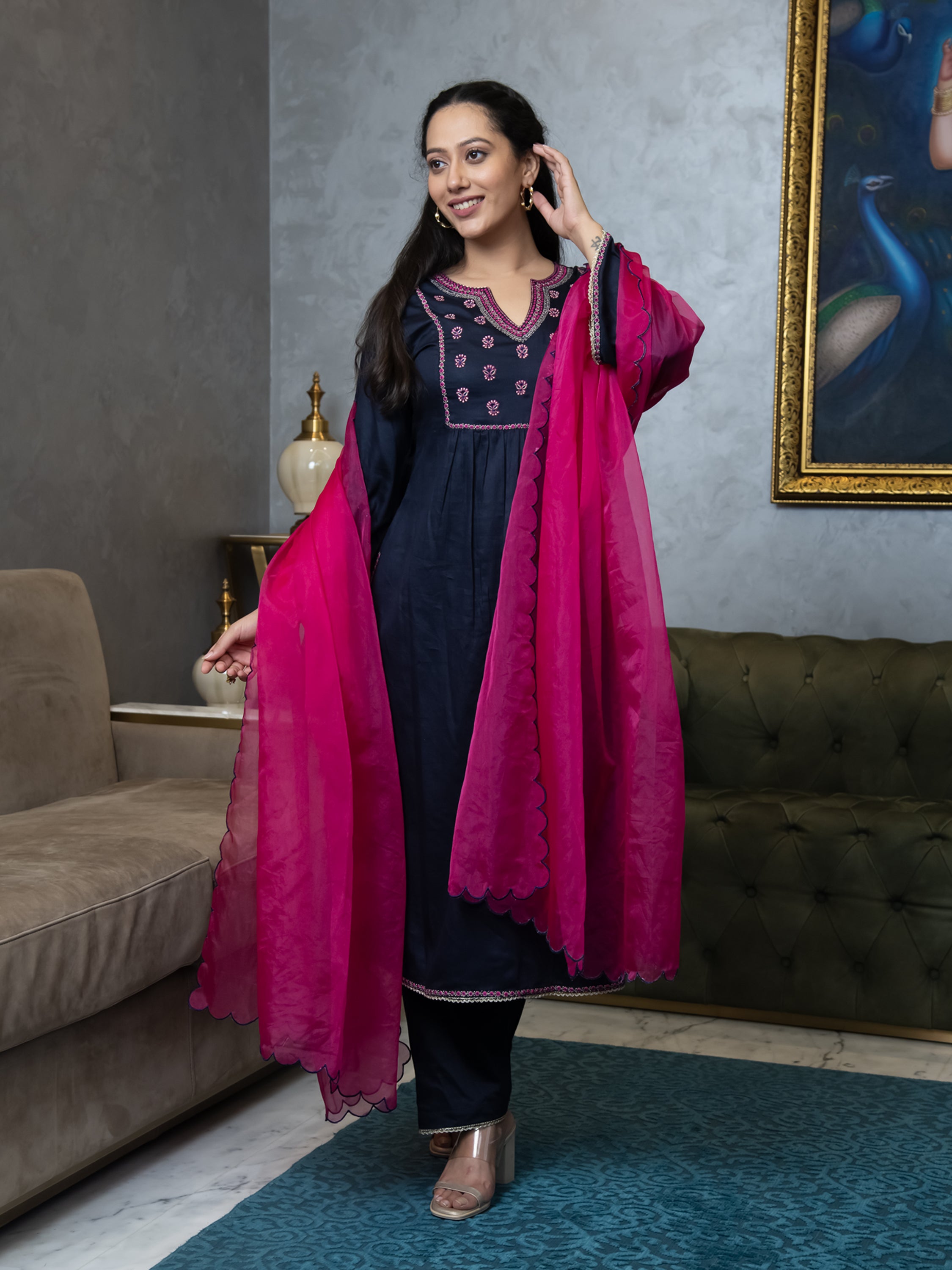 KAINA SOLID-EMBROIDERED KURTA-PANTS & DUPATTA SET