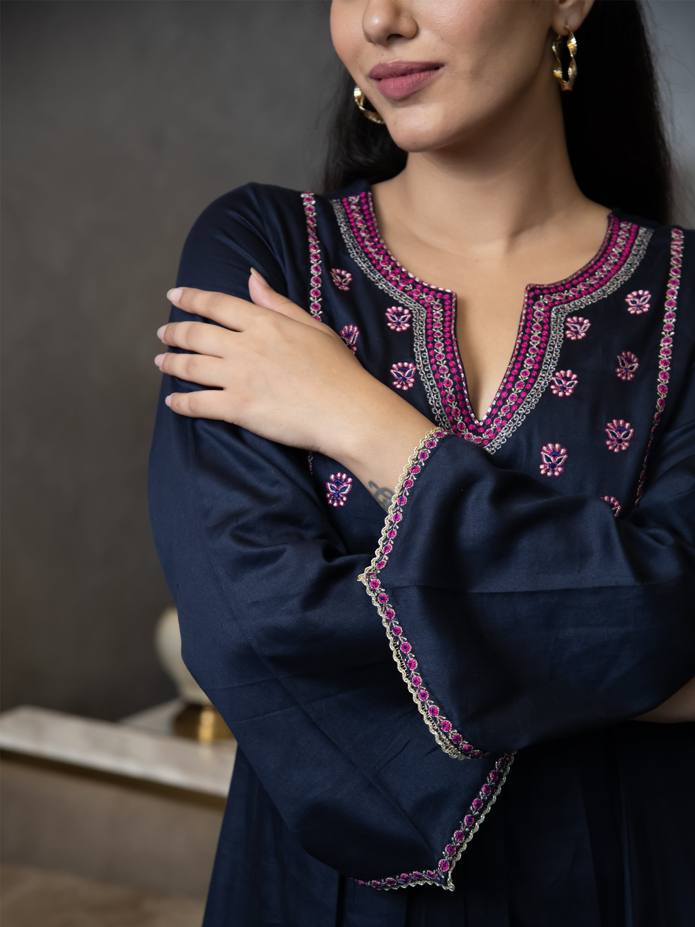 KAINA SOLID-EMBROIDERED KURTA-PANTS & DUPATTA SET