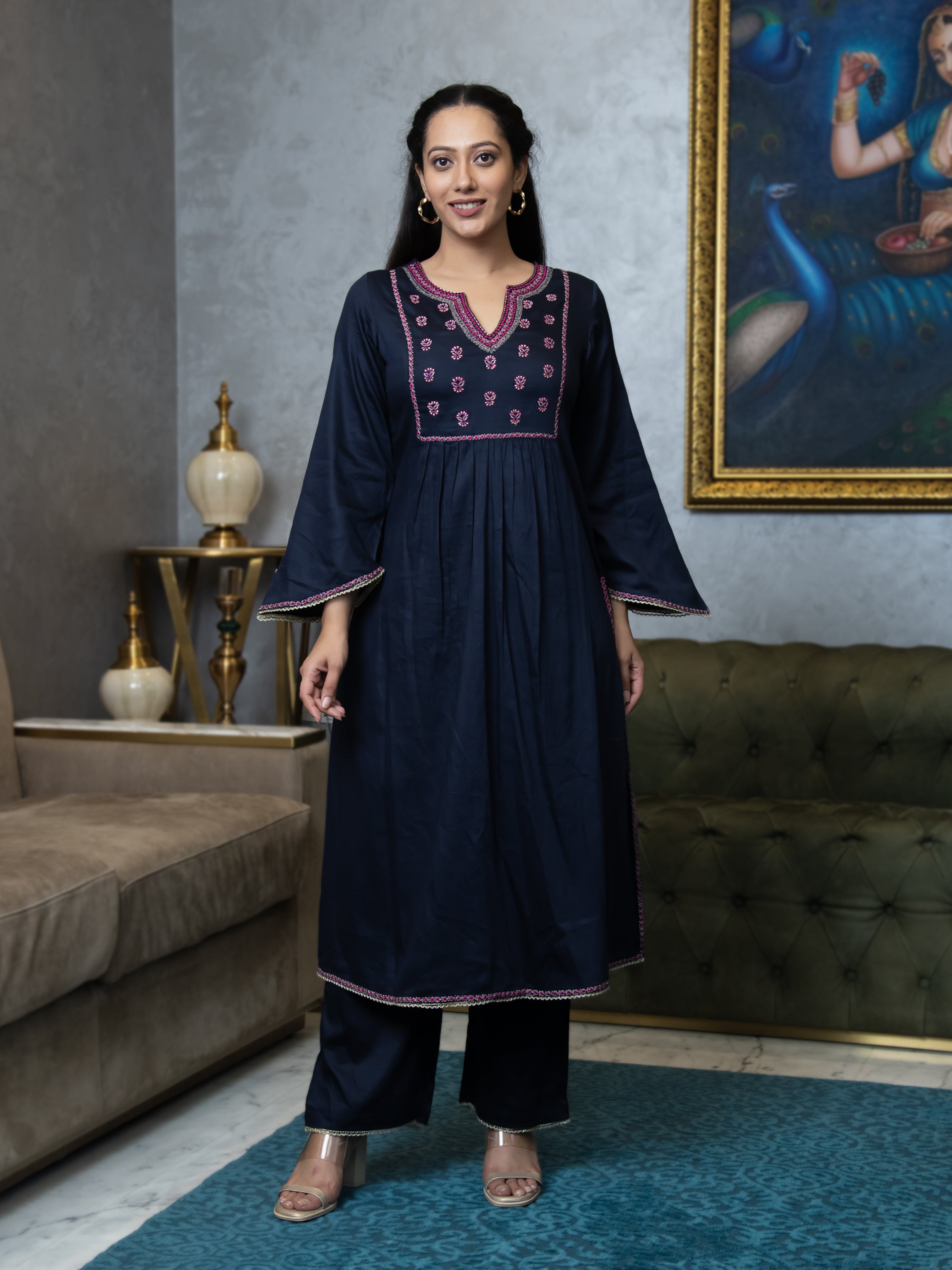 KAINA SOLID-EMBROIDERED KURTA-PANTS & DUPATTA SET