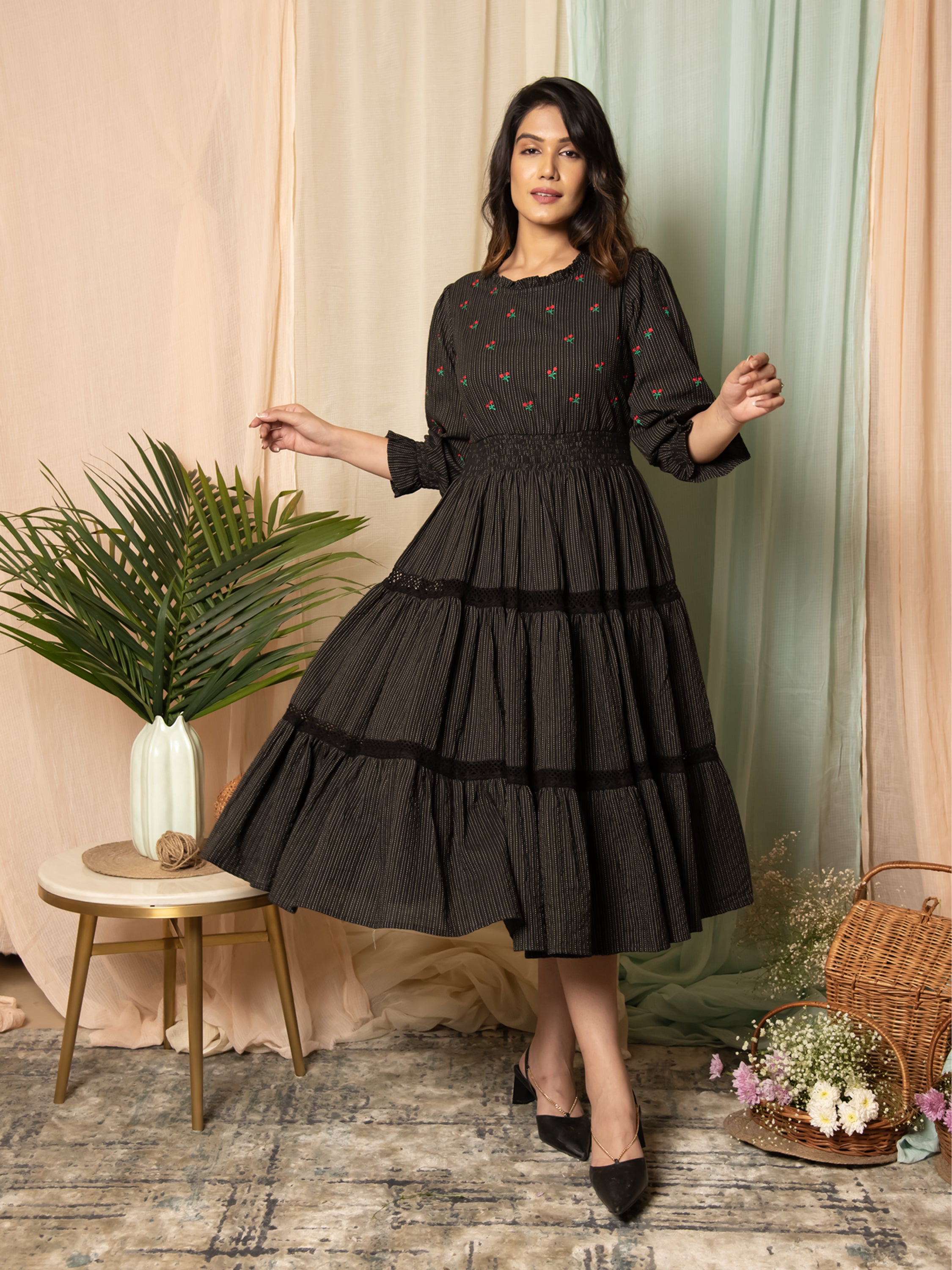 RADIANT MEADOWS BLACK COTTON KANTHA TIERED DRESS