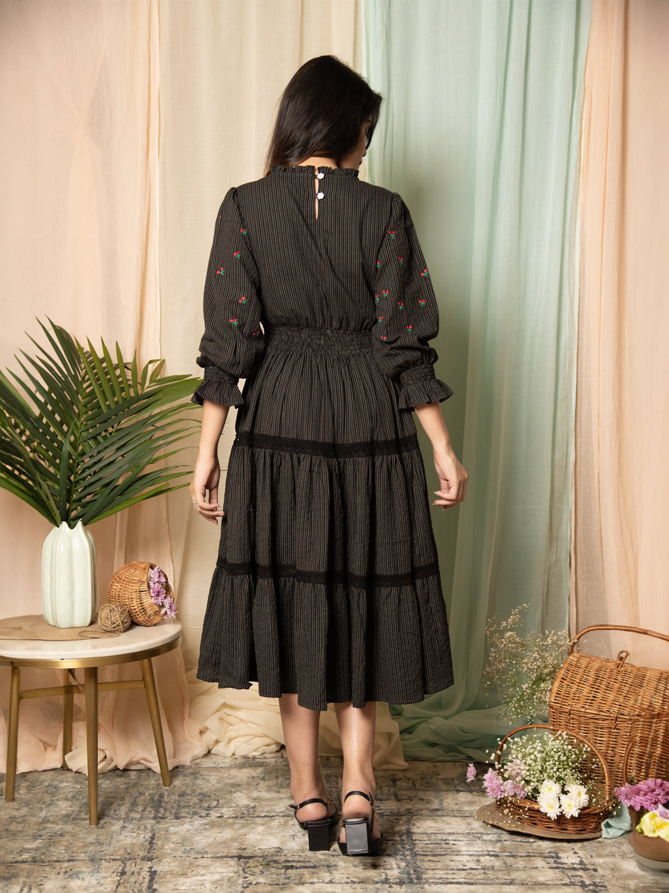 AAHELI RADIANT MEADOWS BLACK COTTON KANTHA TIERED DRESS