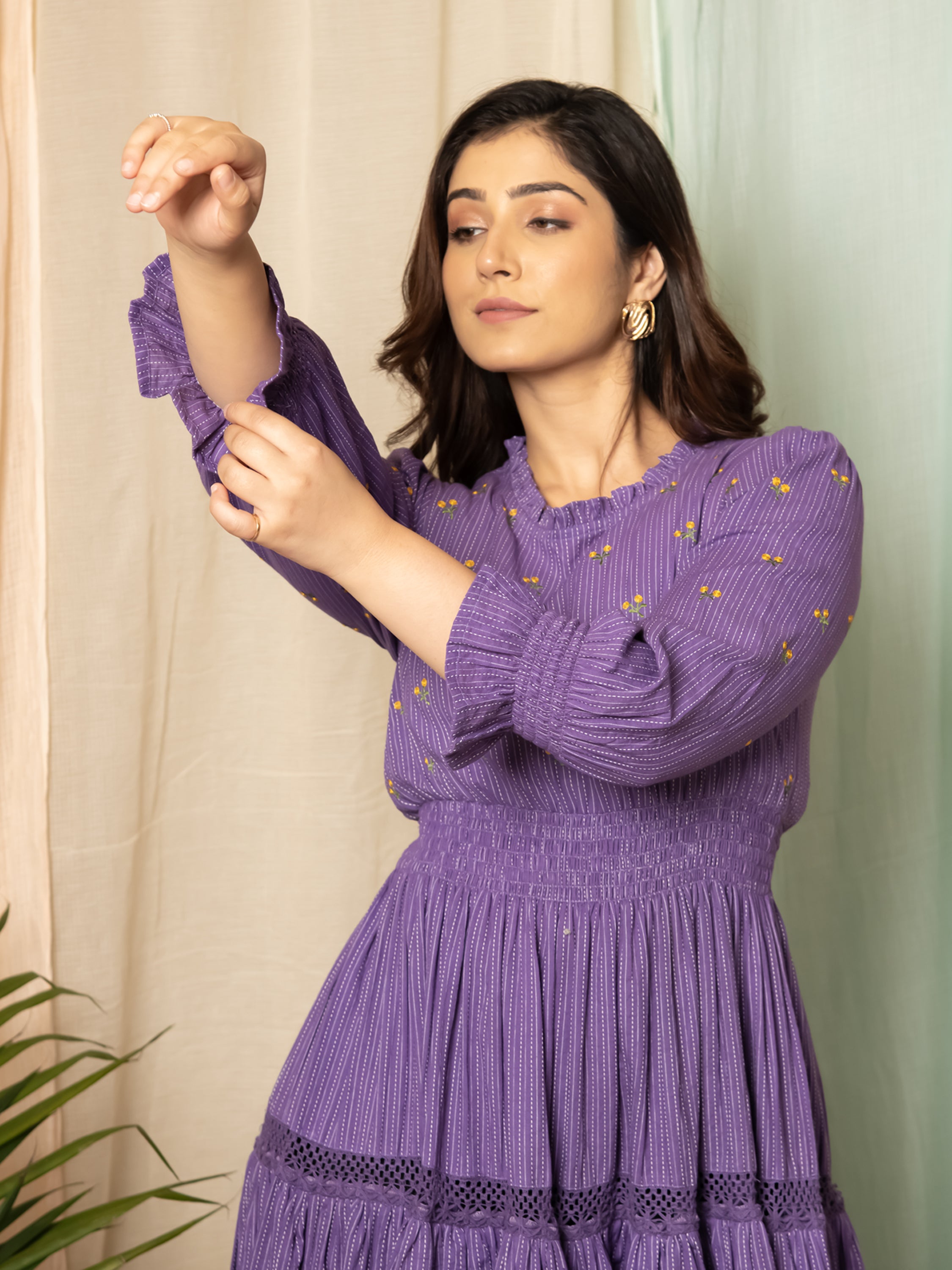 RADIANT MEADOWS PURPLE COTTON KANTHA TIERED DRESS