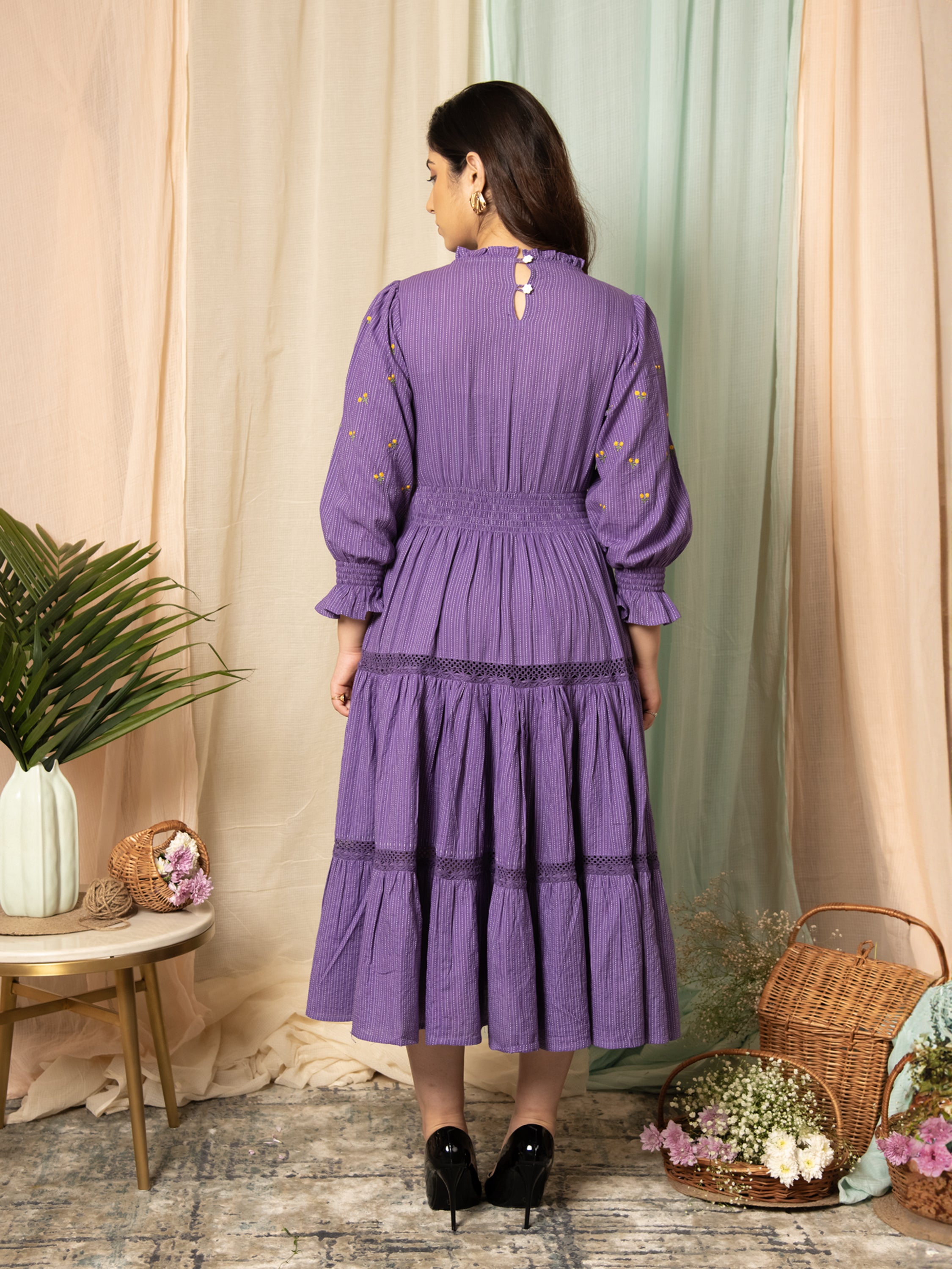 RADIANT MEADOWS PURPLE COTTON KANTHA TIERED DRESS