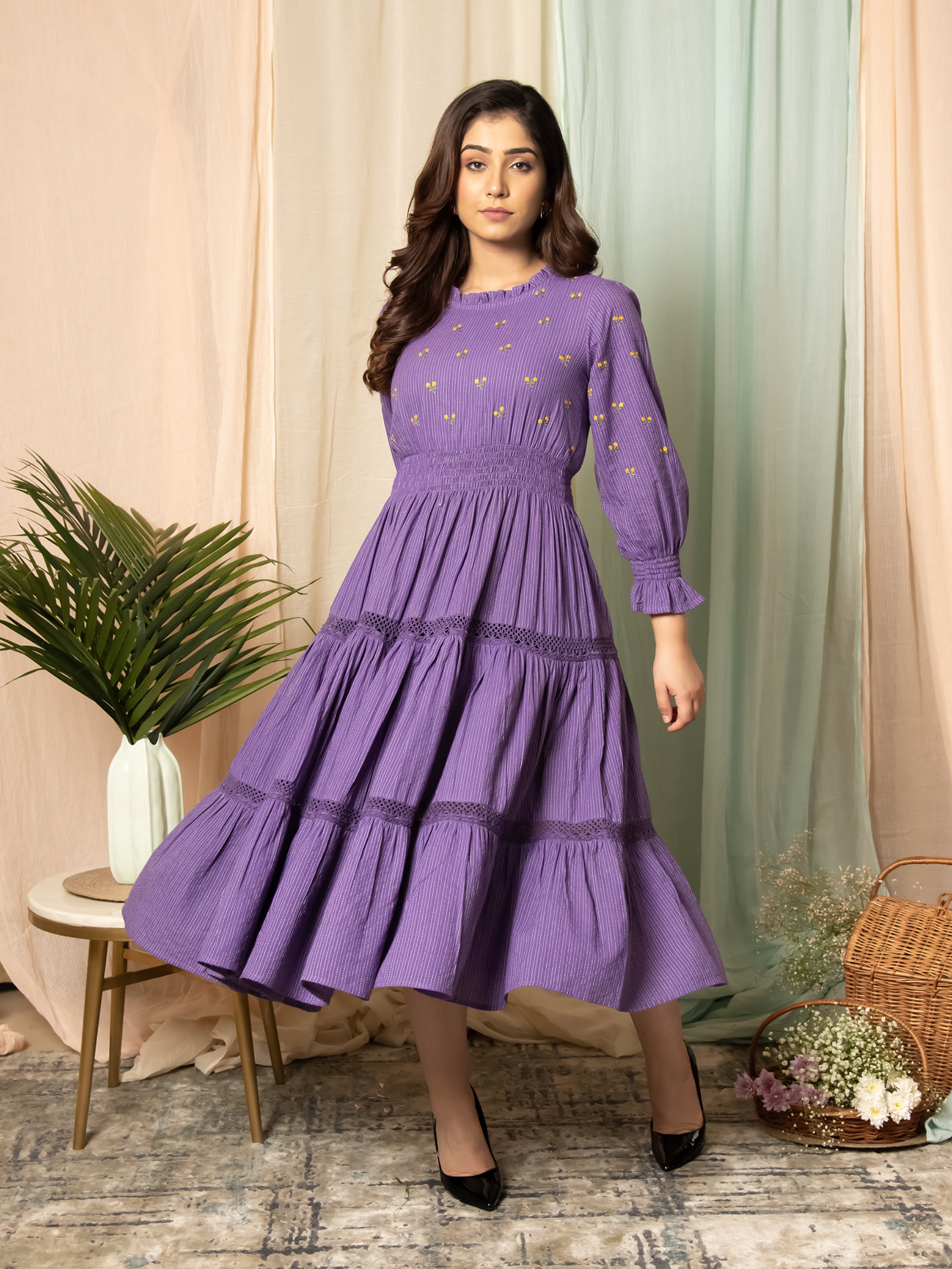RADIANT MEADOWS PURPLE COTTON KANTHA TIERED DRESS