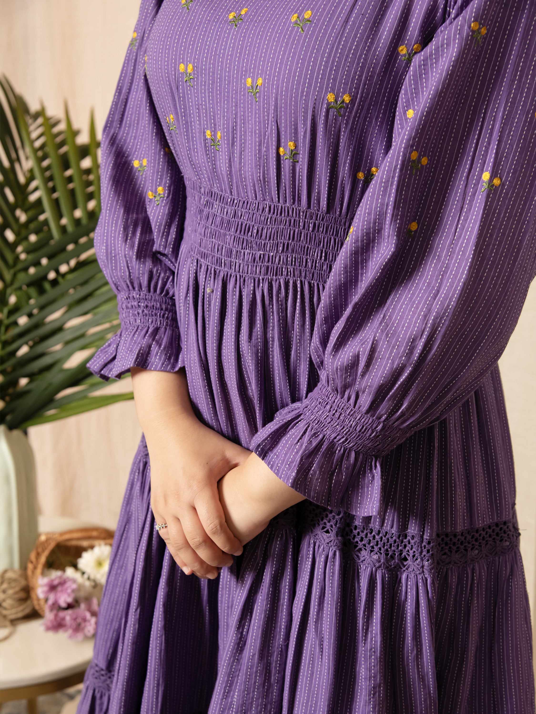 RADIANT MEADOWS PURPLE COTTON KANTHA TIERED DRESS