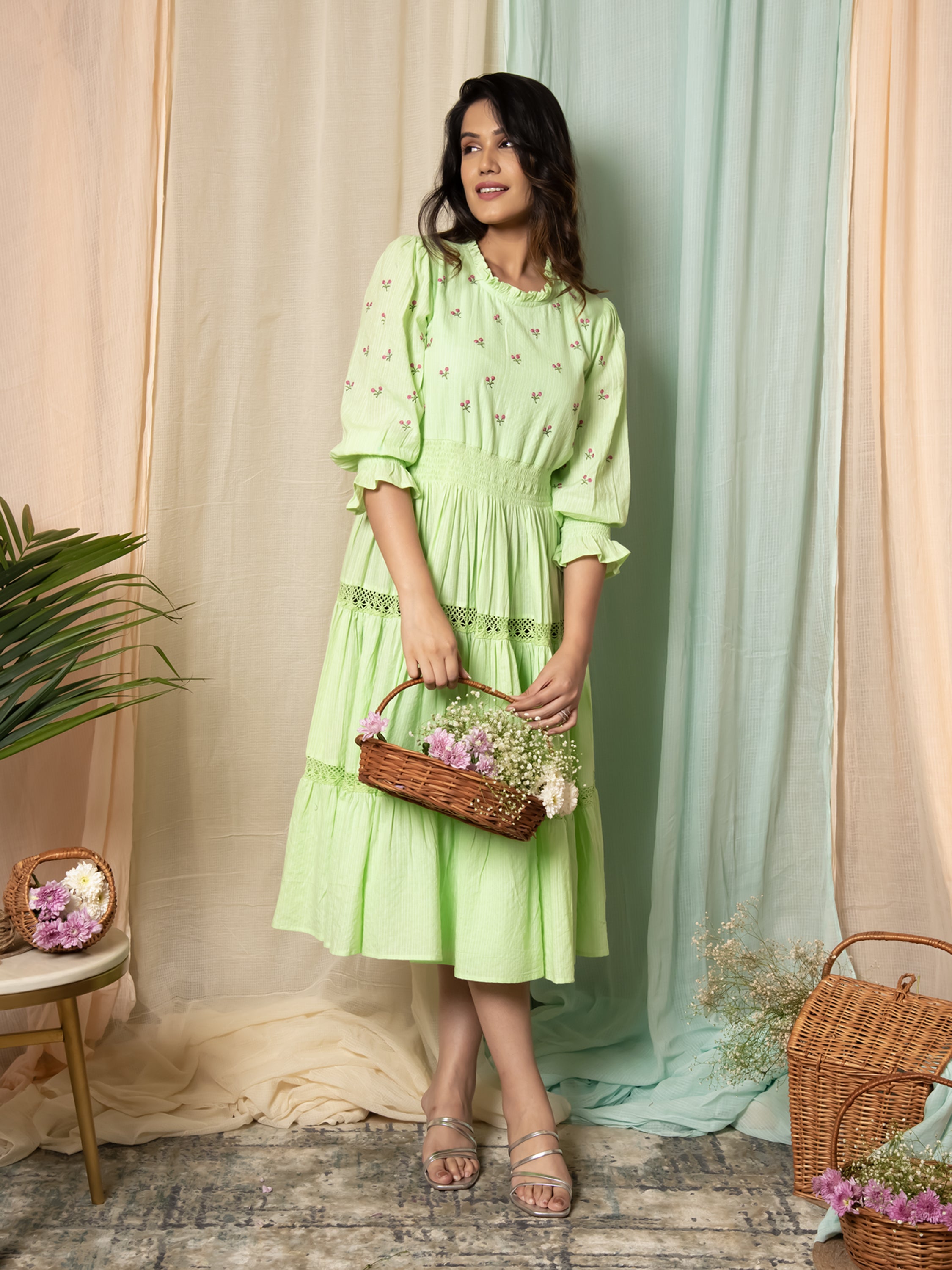 RADIANT MEADOWS PASTEL GREEN COTTON KANTHA TIERED DRESS