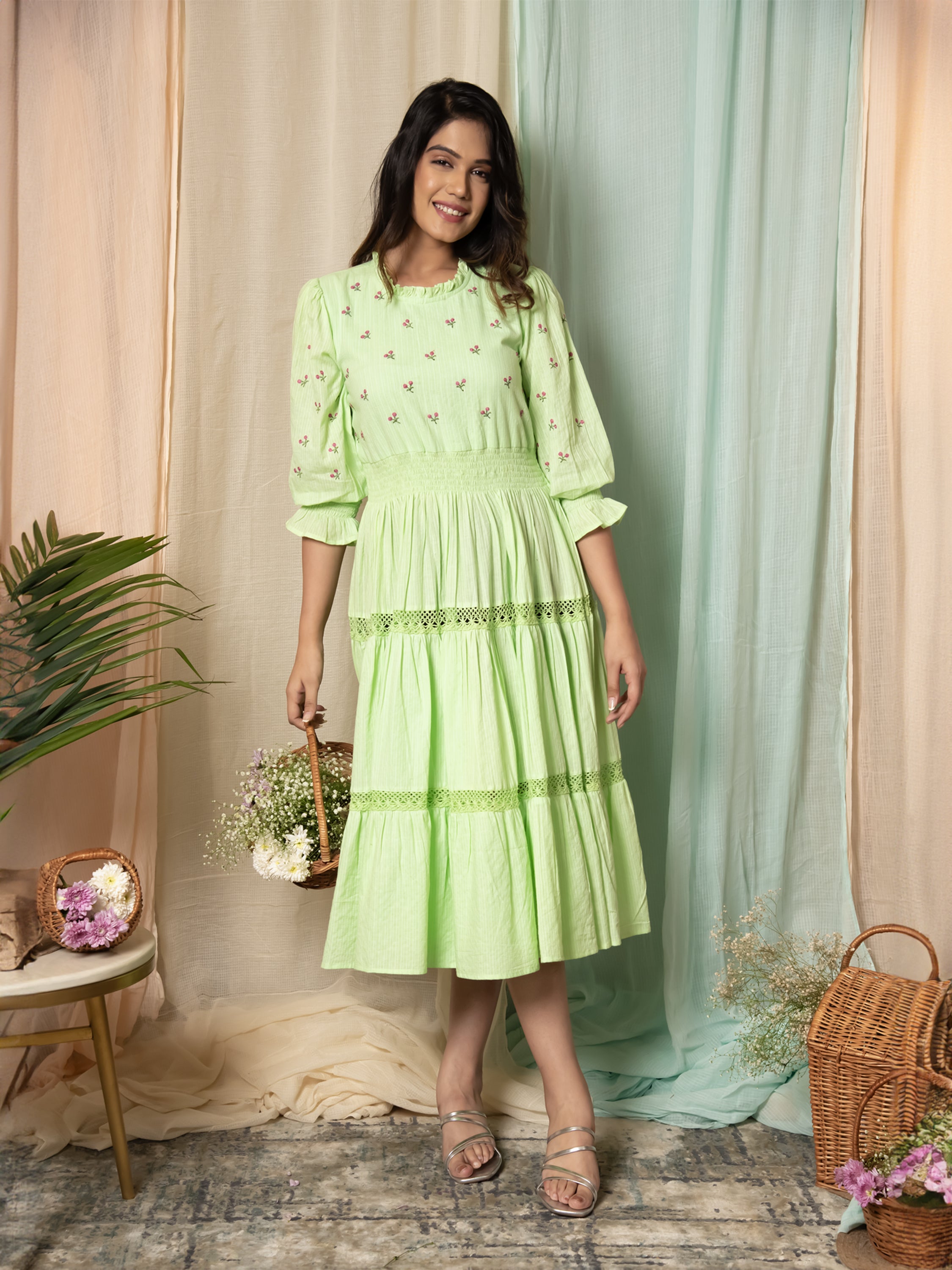 RADIANT MEADOWS PASTEL GREEN COTTON KANTHA TIERED DRESS