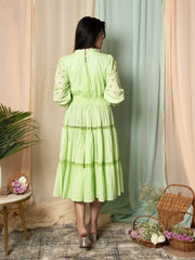 AAHELI RADIANT MEADOWS PASTEL GREEN COTTON KANTHA TIERED DRESS