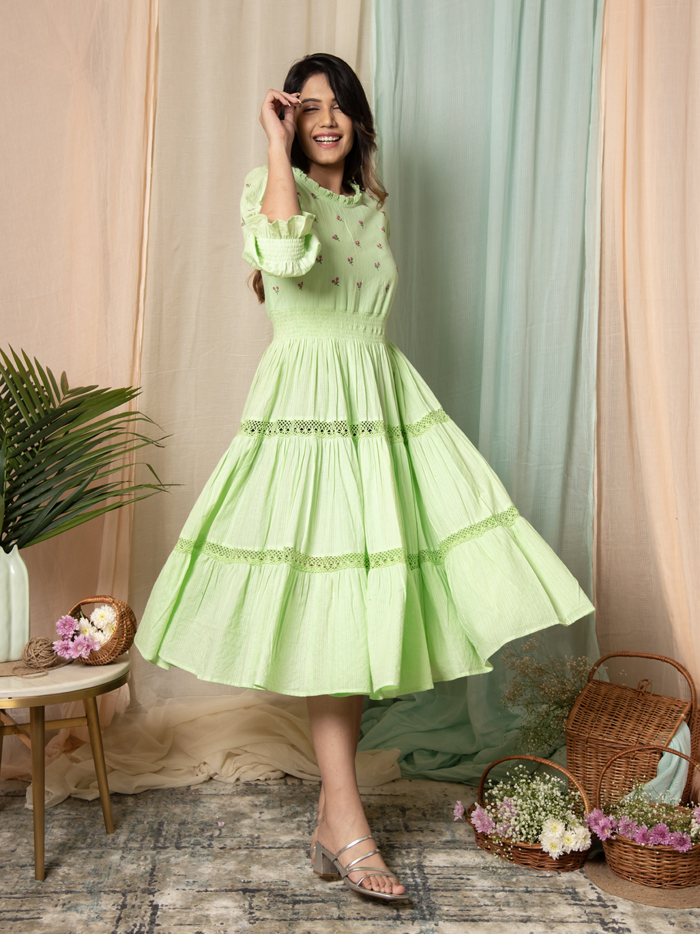 RADIANT MEADOWS PASTEL GREEN COTTON KANTHA TIERED DRESS