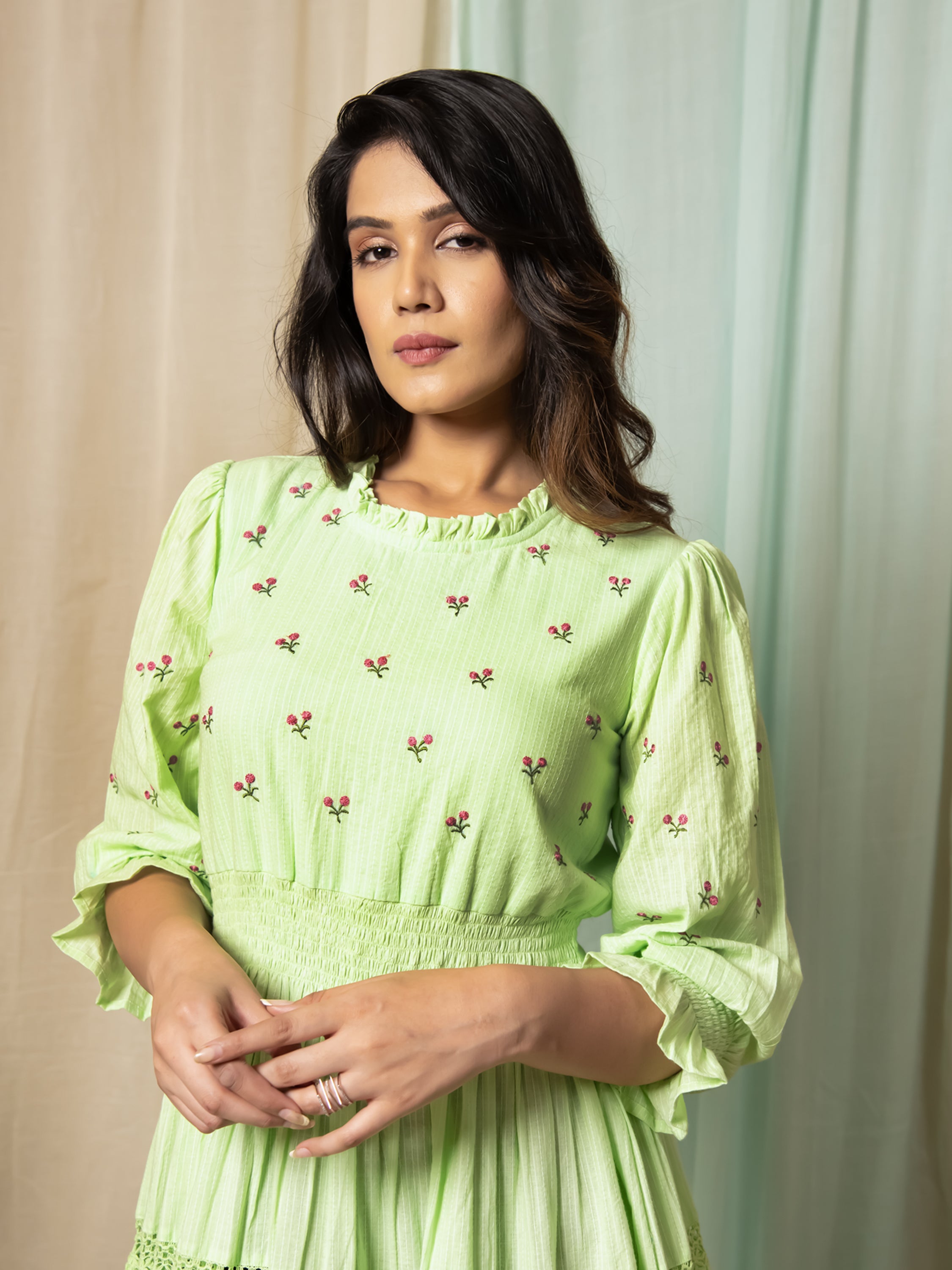 RADIANT MEADOWS PASTEL GREEN COTTON KANTHA TIERED DRESS
