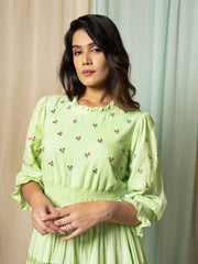 AAHELI RADIANT MEADOWS PASTEL GREEN COTTON KANTHA TIERED DRESS