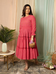 AAHELI RADIANT MEADOWS CERISE PINK COTTON KANTHA TIERED DRESS