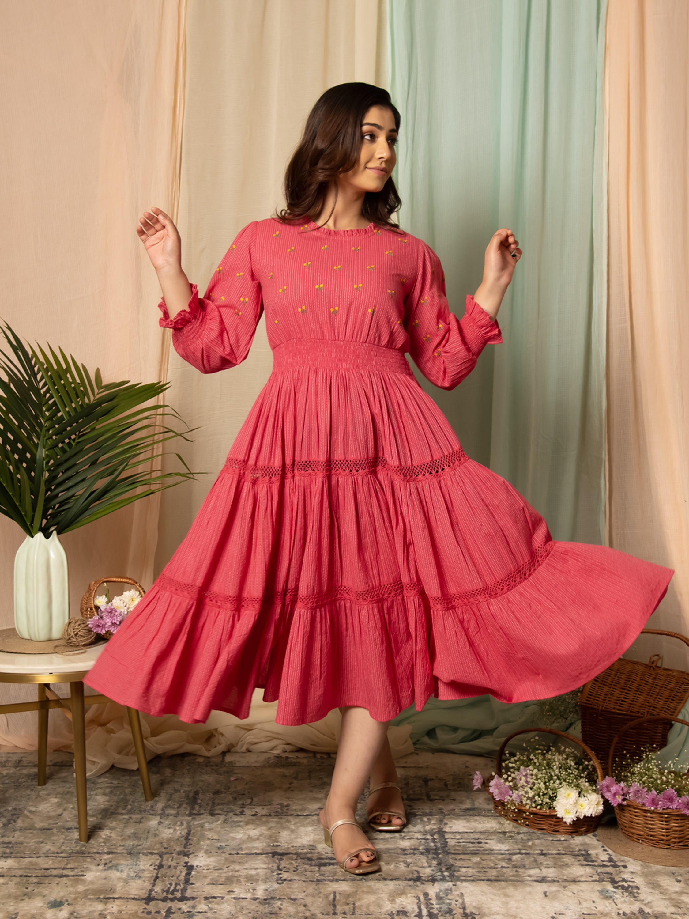 RADIANT MEADOWS CERISE PINK COTTON KANTHA TIERED DRESS