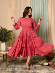 AAHELI RADIANT MEADOWS CERISE PINK COTTON KANTHA TIERED DRESS