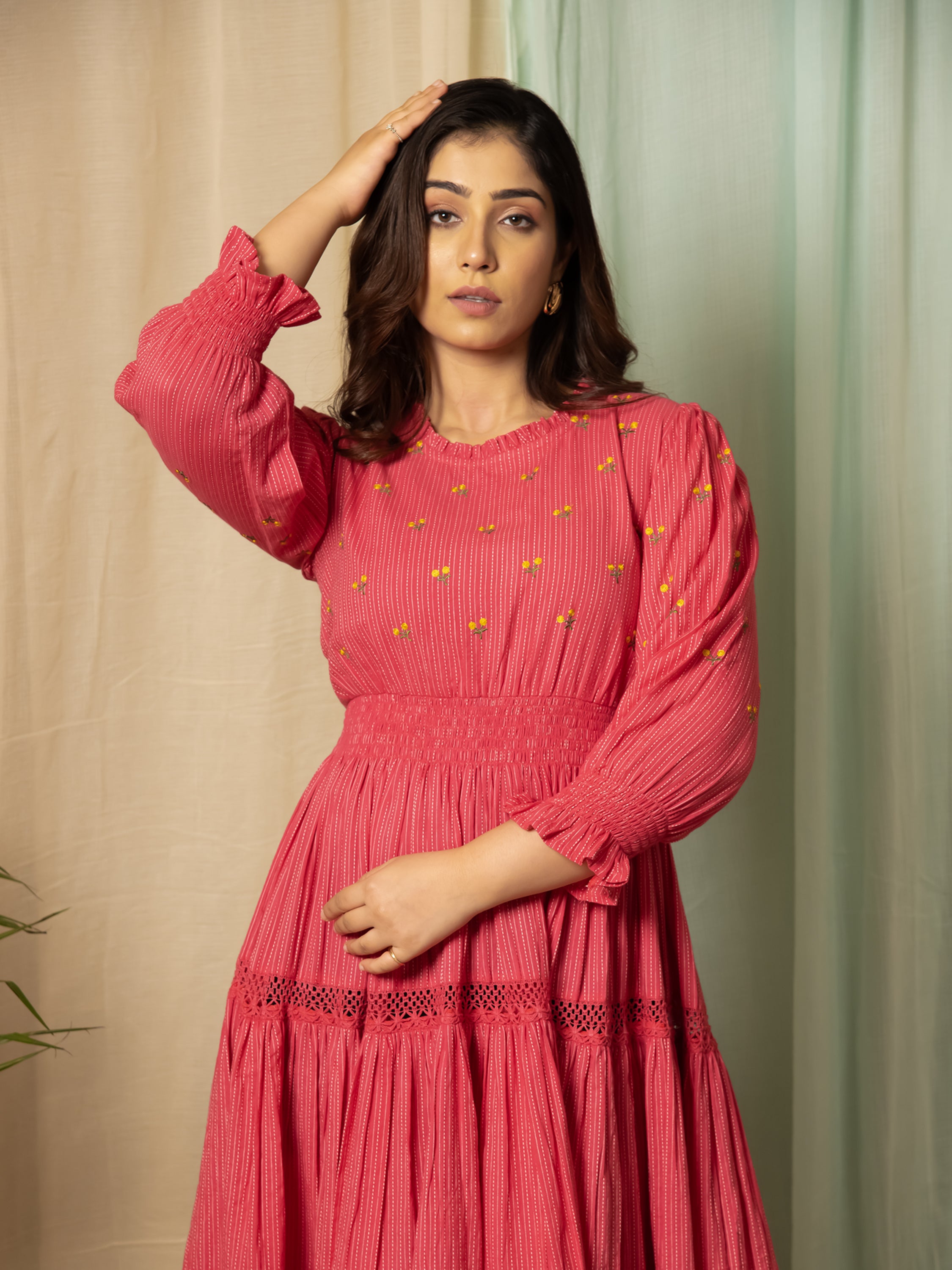 RADIANT MEADOWS CERISE PINK COTTON KANTHA TIERED DRESS