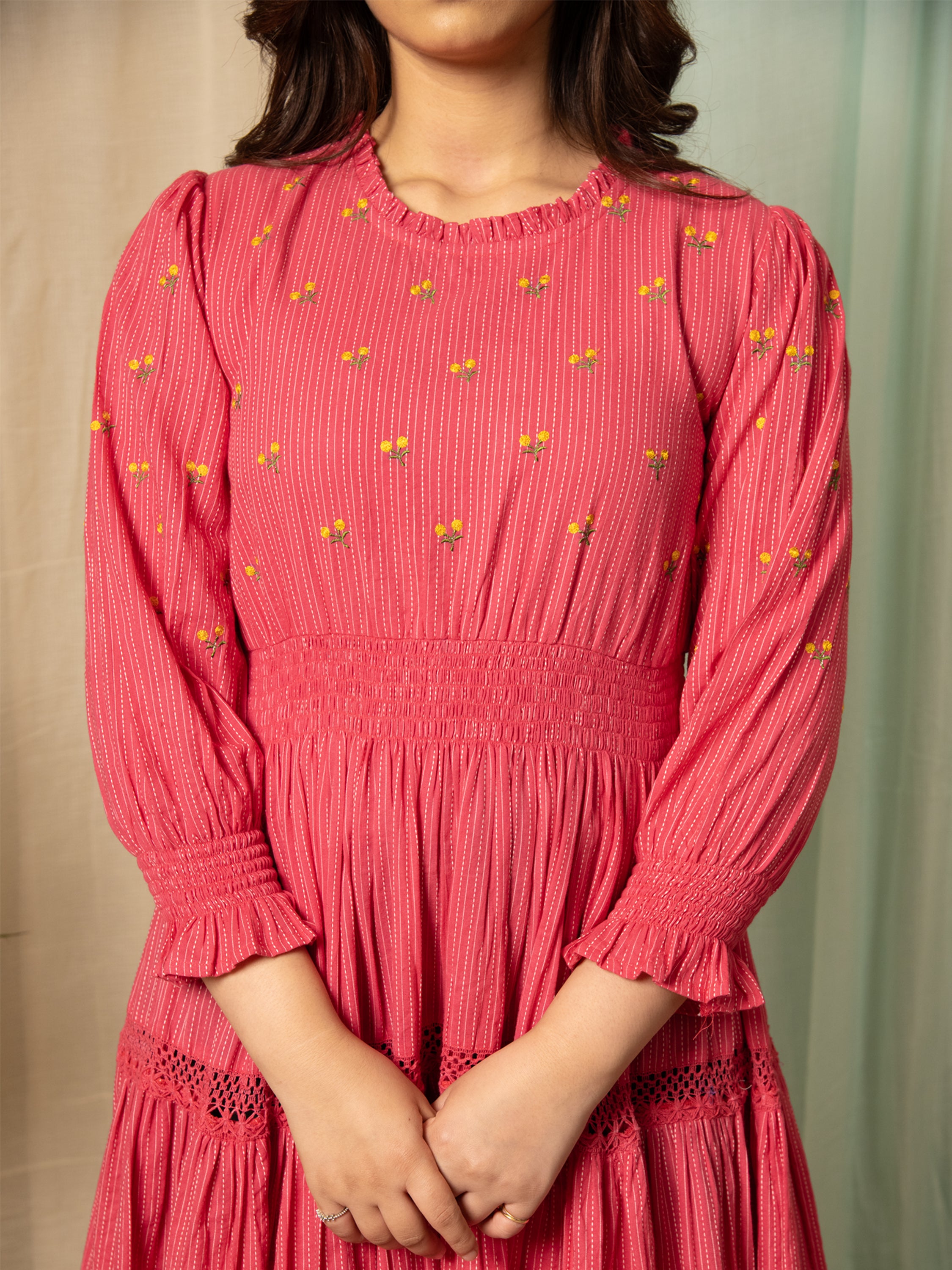 RADIANT MEADOWS CERISE PINK COTTON KANTHA TIERED DRESS