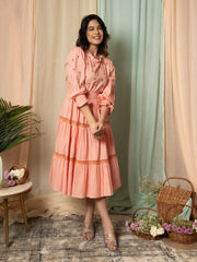AAHELI RADIANT MEADOWS PEACH COTTON KANTHA TIERED DRESS