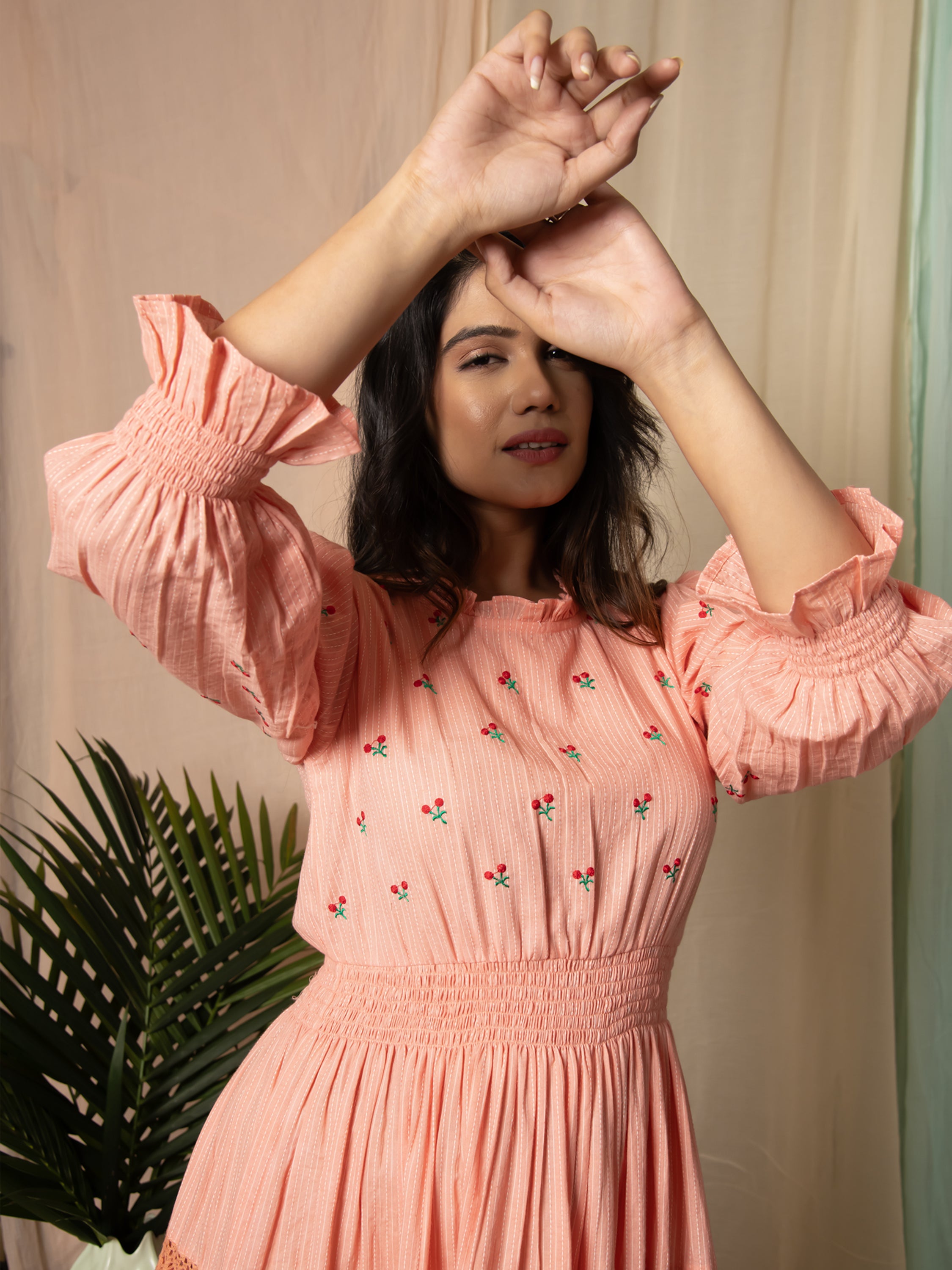 RADIANT MEADOWS PEACH COTTON KANTHA TIERED DRESS