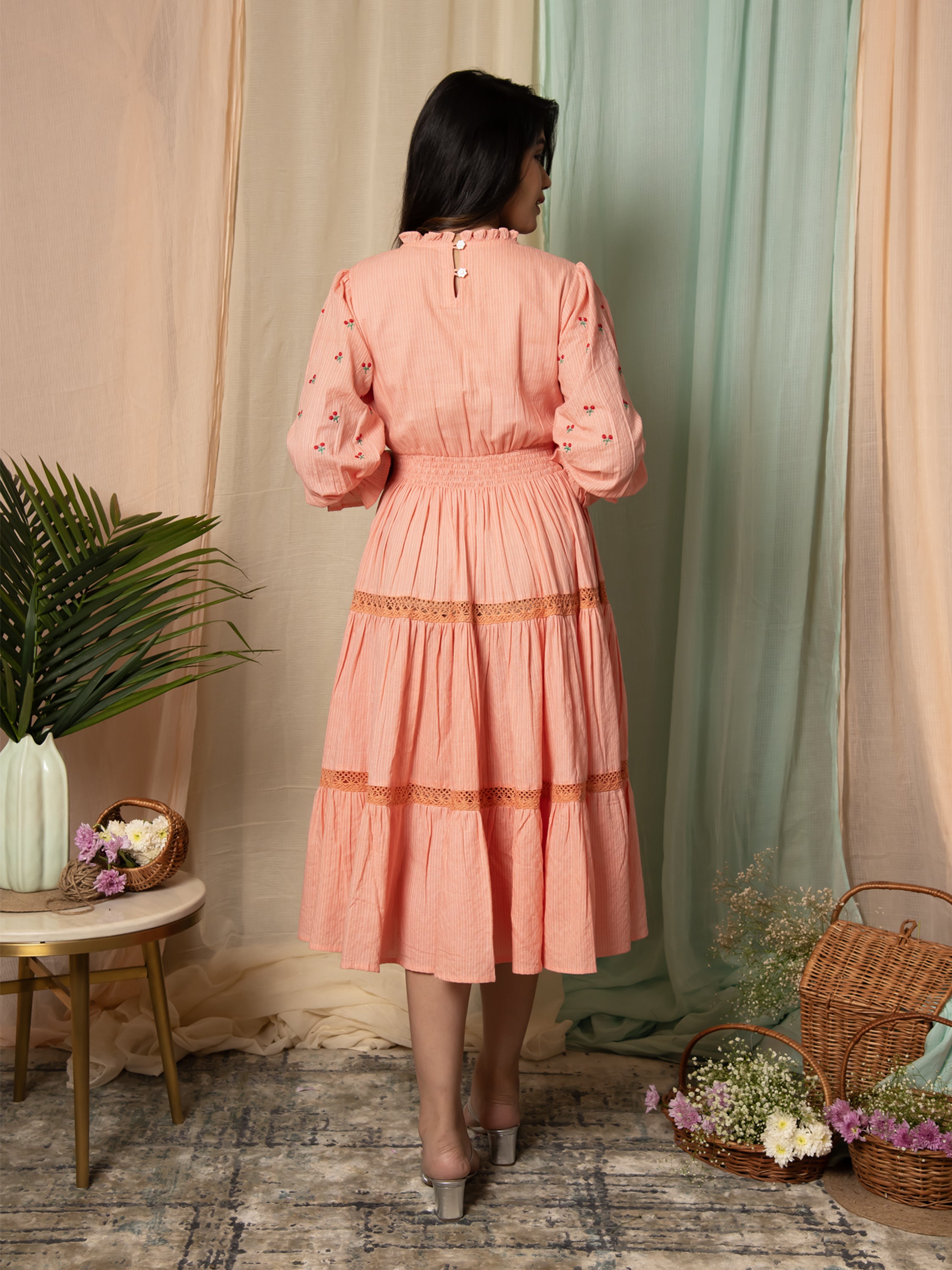 RADIANT MEADOWS PEACH COTTON KANTHA TIERED DRESS