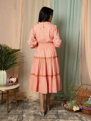 AAHELI RADIANT MEADOWS PEACH COTTON KANTHA TIERED DRESS