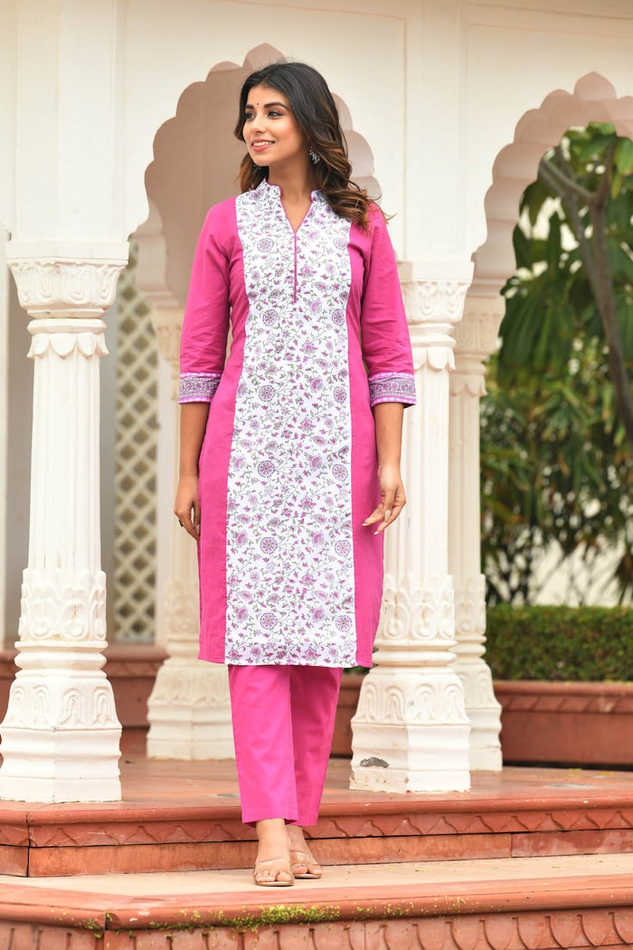 FUCHSIA ORCHID SOLID-BLOCK PRINTED KURTA & PANTS SET