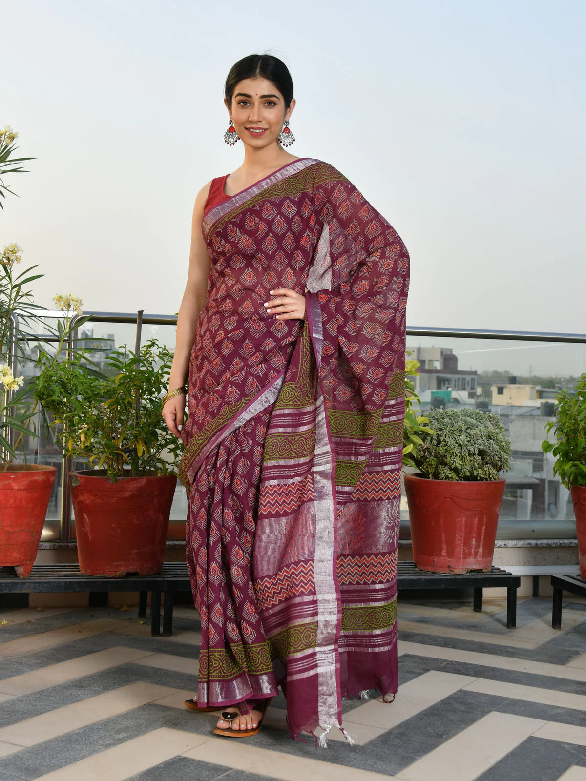 AAHELI DAKSHYANI BLOCK-PRINTED LINEN SAREE