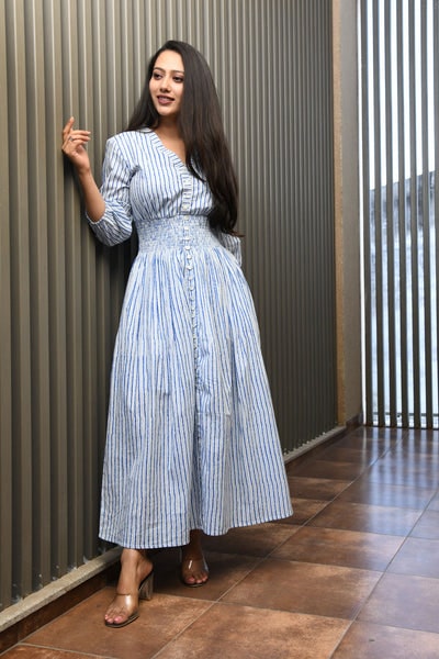 BLUE PRINTED STRIPED COTTON COMFY DRESS