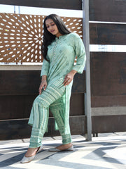 AAHELI GREEN PRINTED HANDWORK KURTA WITH PANT SET