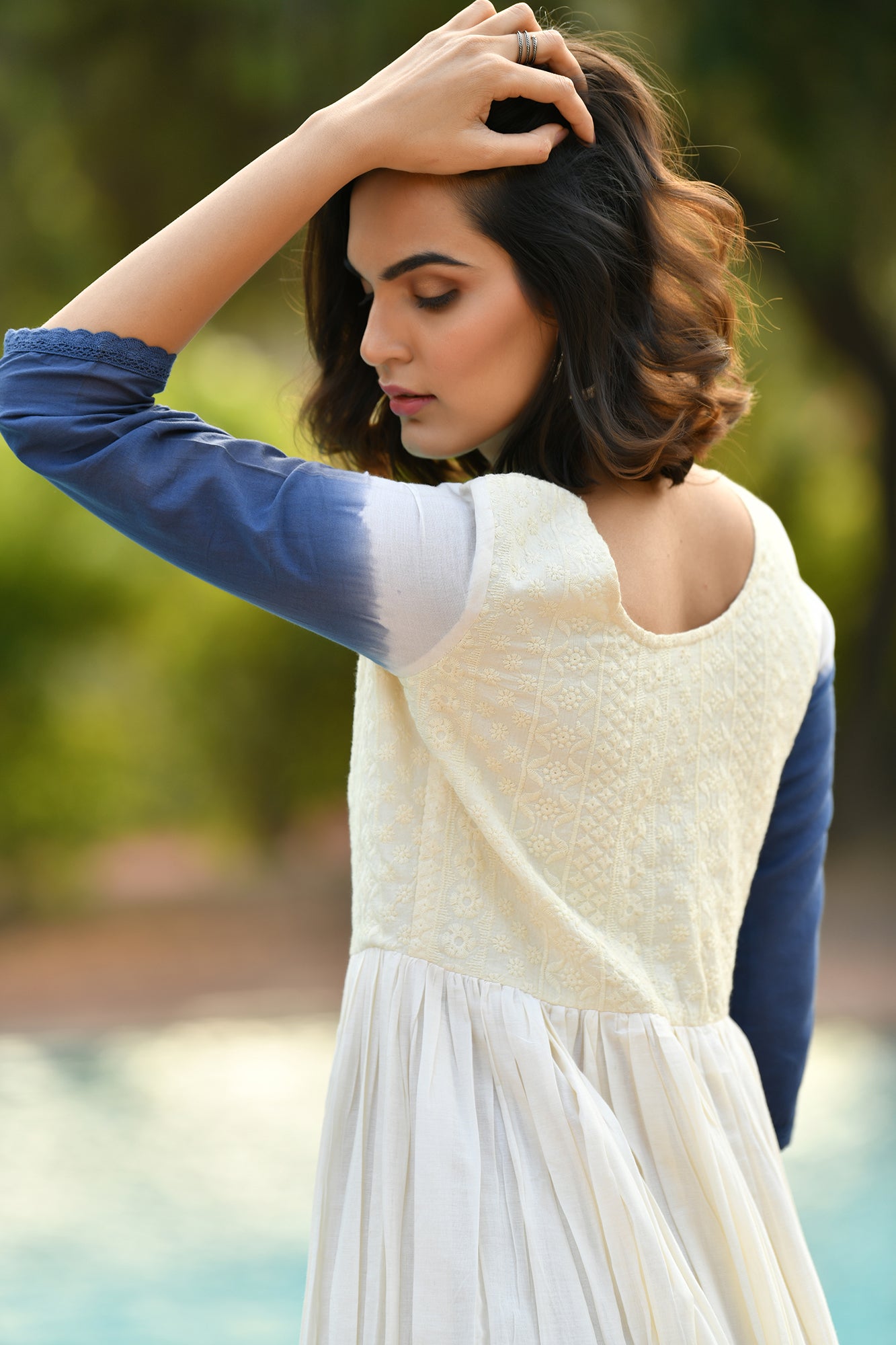 NAVY COTTON SCHIFFLI OMBRE DRESS