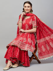 AANADHI RED BLOCK PRINTED FLARED KURTA-SHARARA & DUPATTA SET