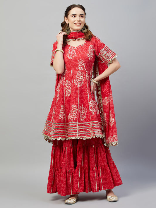 AANADHI RED BLOCK PRINTED FLARED KURTA-SHARARA & DUPATTA SET
