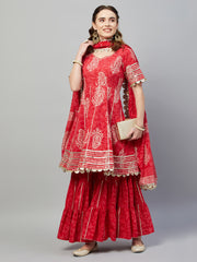AANADHI RED BLOCK PRINTED FLARED KURTA-SHARARA & DUPATTA SET
