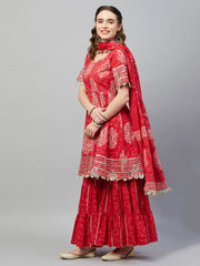 AANADHI RED BLOCK PRINTED FLARED KURTA-SHARARA & DUPATTA SET