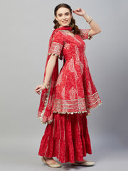 AANADHI RED BLOCK PRINTED FLARED KURTA-SHARARA & DUPATTA SET
