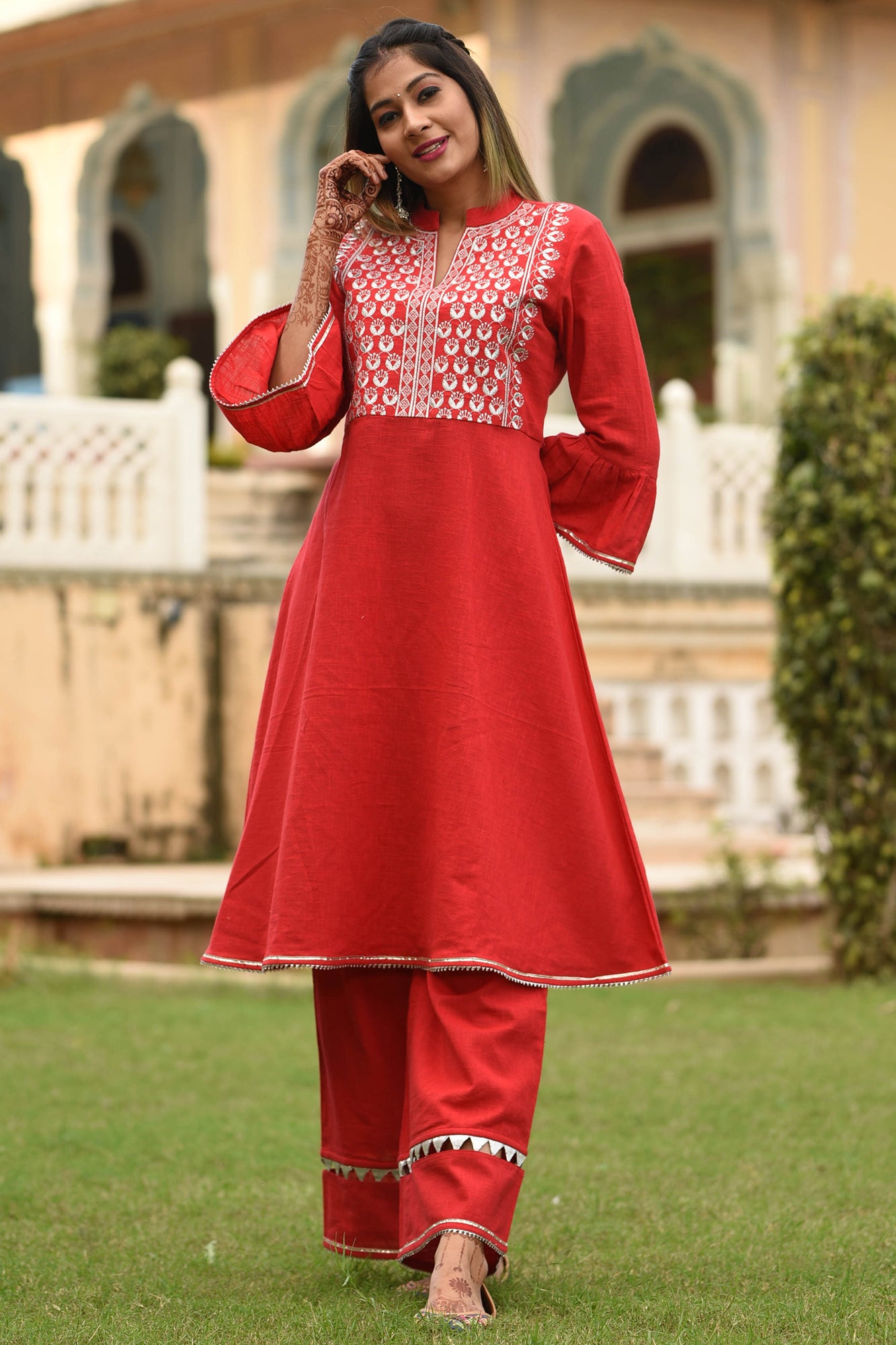 EMBROIDERED RED RAYON SLUB KURTA PLAZZO SET
