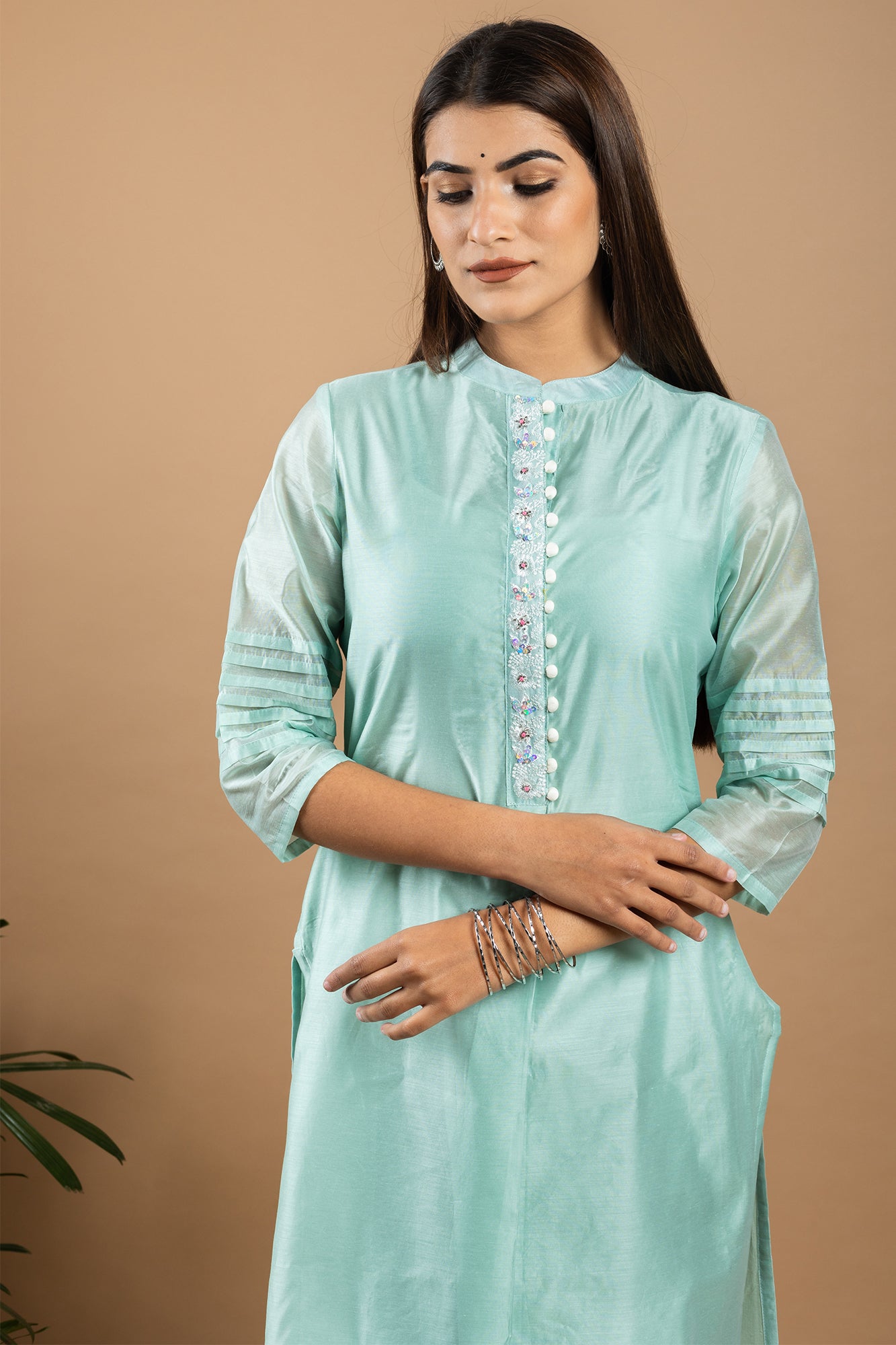 EMBROIDERED CHANDERI KURTA - AQUA