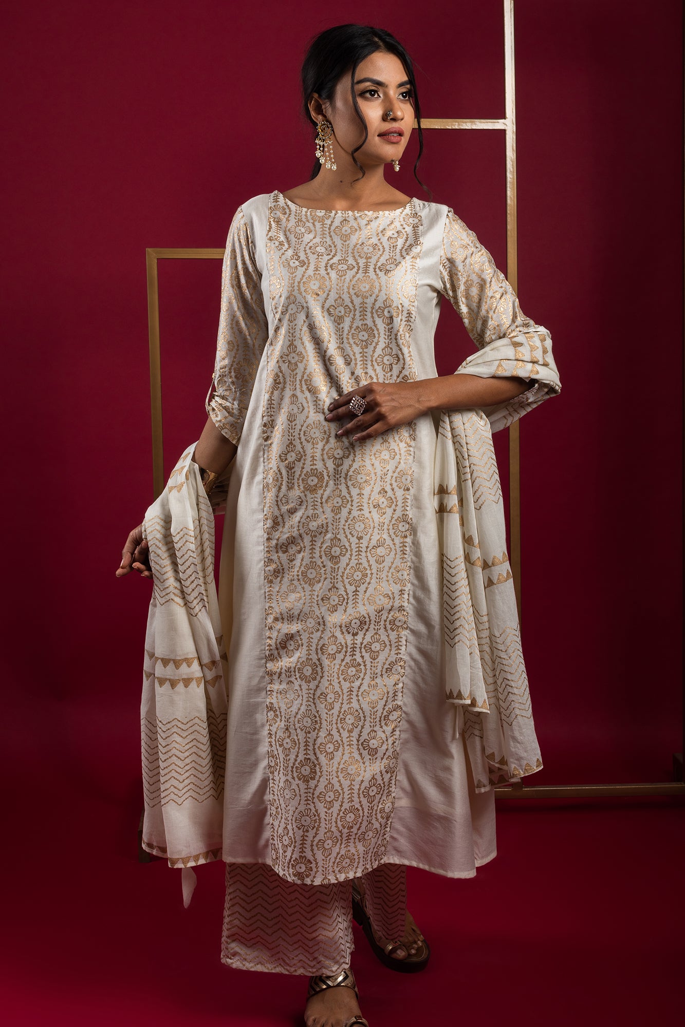 GOLD PRINTED COTTON A-LINE KURTA & PLAZZO SET