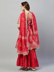 AANADHI RED BLOCK PRINTED FLARED KURTA-SHARARA & DUPATTA SET