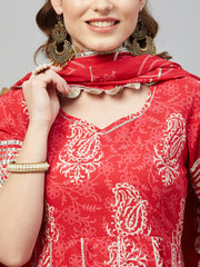 AANADHI RED BLOCK PRINTED FLARED KURTA-SHARARA & DUPATTA SET