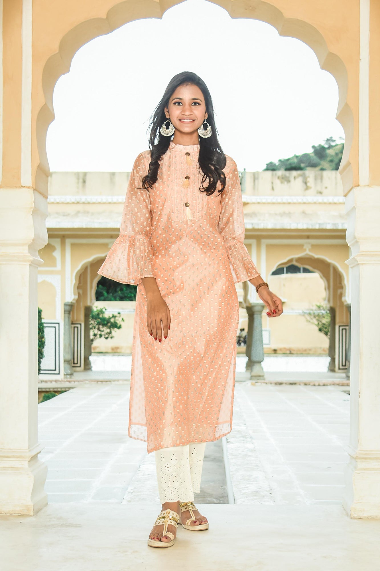 CHANDERI KHARI PRINT LONG KURTA WITH PANT - PINK