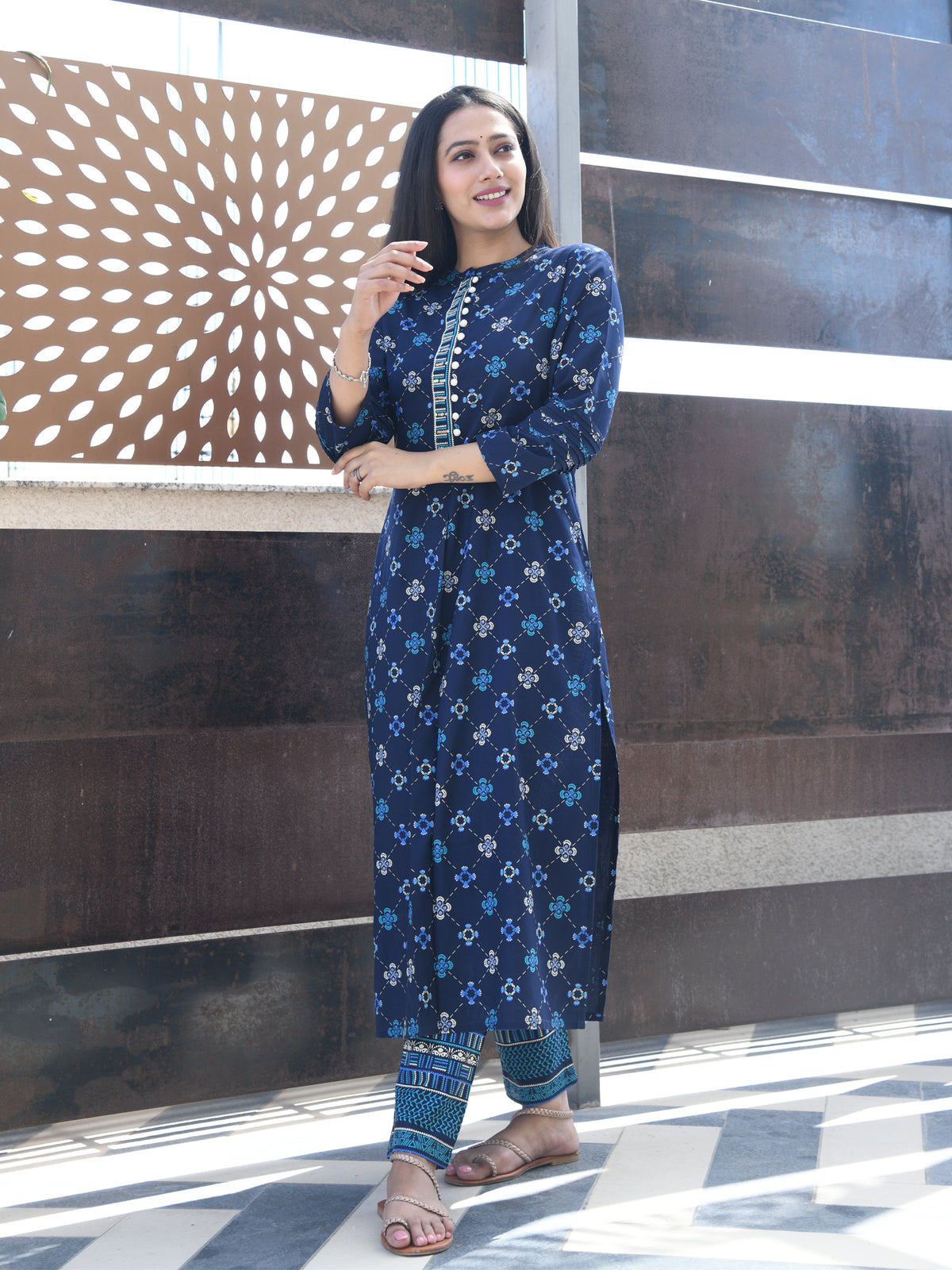 AAHELI BLUE PRINTED HANDWORK KURTA WITH PANT SET