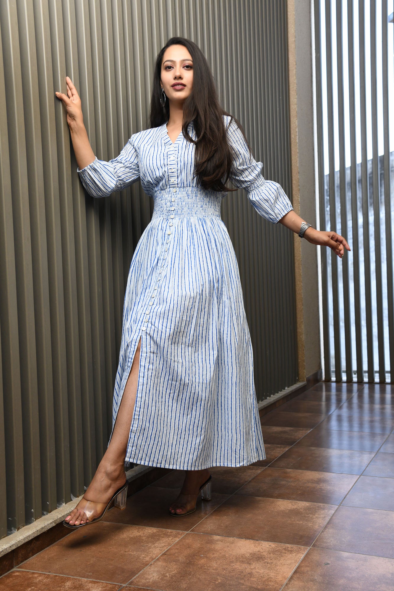 AAHELI BLUE PRINTED STRIPED COTTON COMFY DRESS