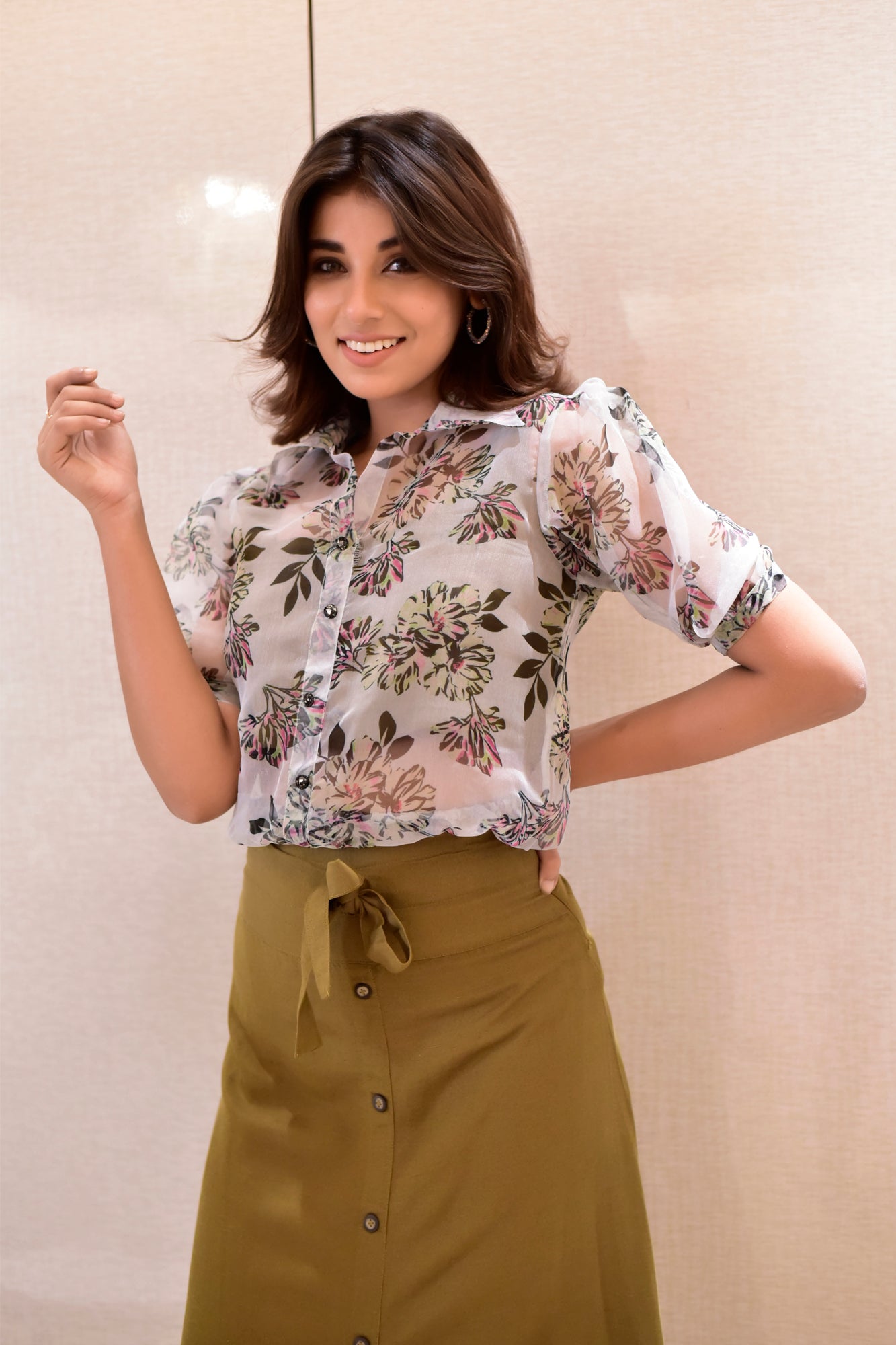 AAHELI OLIVE SKIRT TOP WITH SHIRT SET