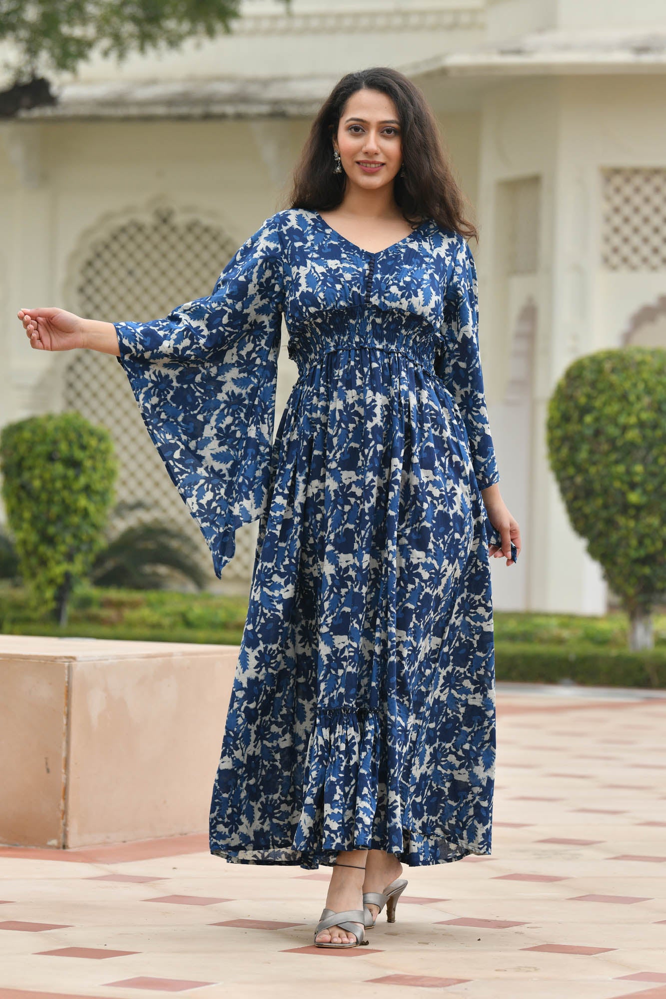 AAHELI FLORAL NAVY-BLUE PRINTED FLARED DRESS