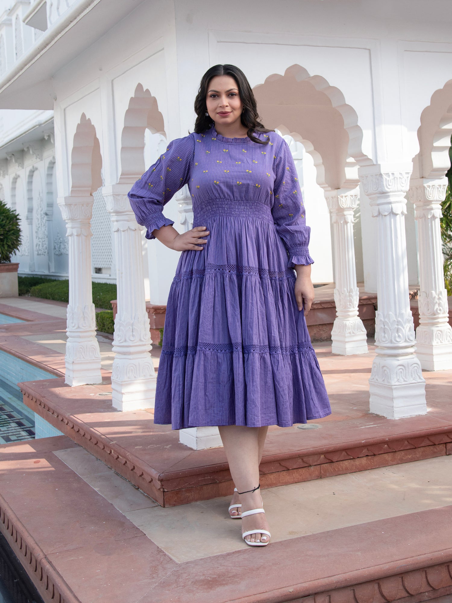 AAHELI RADIANT MEADOWS PURPLE COTTON KANTHA TIERED DRESS 